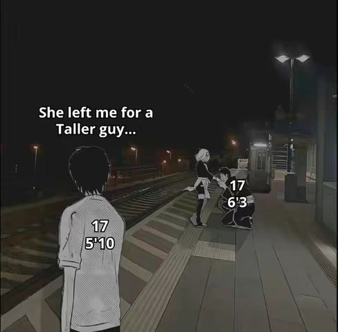 An anime-style image depicts a railway platform scene at night. The foreground shows the back of a figure, labeled '17, 5'10'. In the middle ground, a couple kneels, with a man at the feet of a woman, annotated '17, 6'3'. Above this, the image has text overlaying the top left corner.
