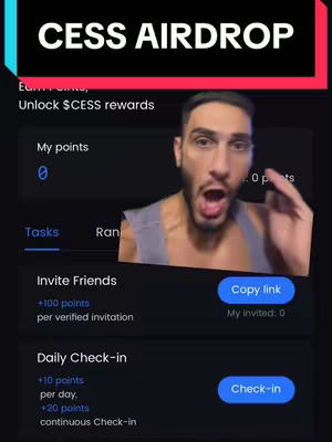 A vertical video cover image shows a man with short dark hair and a surprised expression, mouth wide open and eyes wide. He appears to be in the middle of a reaction. Above him, a black banner reads 'CESS AIRDROP' in white text. Below him is a display from a mobile app, showing lists and buttons with blue accents over a dark background.
