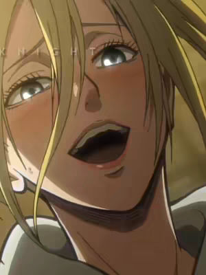 The image shows a close-up of a female anime character with blonde hair styled in a ponytail. Her eyes are wide, and her mouth is open as if she is screaming or surprised. Her cheeks are flushed, and the background is out of focus.