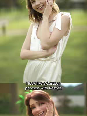 The image shows a woman in a bright green outdoor setting. She is wearing a white dress and has her hand near her cheek, with a subtle smile. The lower portion has another woman’s animated image, mirroring the pose, implying a transformation or effect related to a “RestyleApp”.