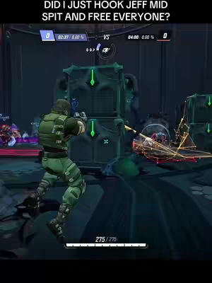 A gameplay screenshot from a video game featuring a character aiming a weapon at a group of enemies. Overlaid text asks a question about the game's mechanics.