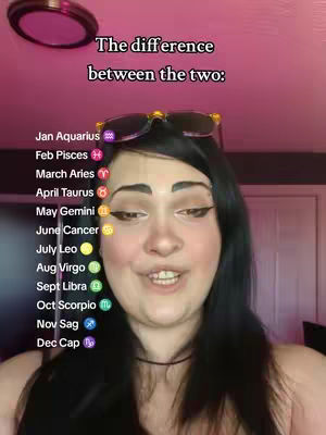 A woman with sunglasses on her head looks directly at the camera with a slightly open mouth. Text overlays detail zodiac signs next to their symbols and the months they correspond to. The background is a room with pink lighting.