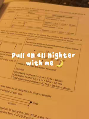 The image is a close-up shot of an opened textbook page. The paper has a slightly yellowed tint, and there are visible mathematical formulas and diagrams. Overlaid on the page is white text, with the phrase "Pull an all nighter with me", alongside a small crescent moon icon.
