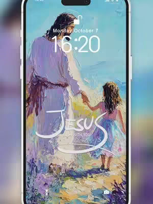 The cover image displays a painting of Jesus with a child, presented as a phone wallpaper. Jesus, in a flowing white robe, is holding the girl's hand. The background has a soft, colorful palette with blues, purples, and yellows. Text overlay depicts time, date, and a message: "Jesus I AM WITH YOU". The image is framed within the outline of a smartphone.