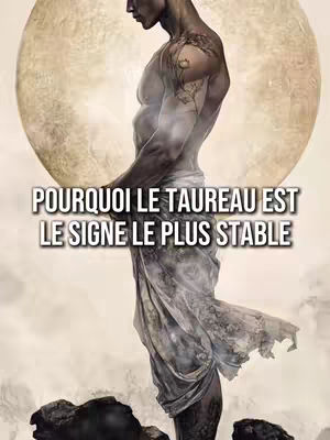 The image features a muscular man standing with his side toward the viewer, wearing a flowing, sheer fabric around his lower body. Behind him is a large, pale, circular shape, likely representing the moon. Text overlayed on the image in a bold font reads, 'POURQUOI LE TAUREAU EST LE SIGNE LE PLUS STABLE'. The overall composition is artistic, with muted, earthy tones and a focus on the figure and the celestial element.