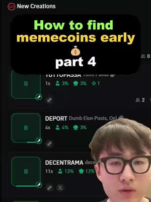 The cover image features a man wearing glasses, partially visible in the bottom right corner. Overlayed on the image is a large, black rectangle containing the text "How to find memecoins early part 4" in a mix of green and yellow fonts, along with a money bag icon. The background appears to be a screen displaying data or a list, with several green and white elements.