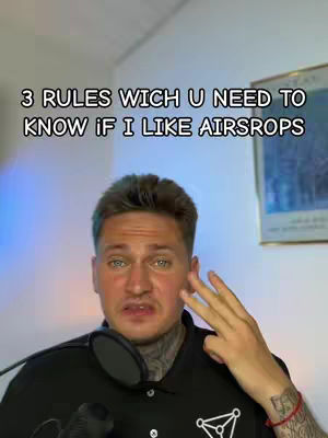 A man in a black shirt with a microphone in front of him is holding up three fingers. Text overlayed at the top reads, '3 RULES WICH U NEED TO KNOW IF I LIKE AIRSRPOPS'. The background is a blurred room with a picture on the wall.