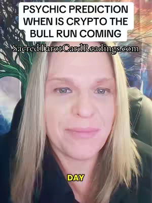 A woman with blonde hair looks directly at the camera. Text overlays at the top and bottom of the image. The background appears to be a mix of blurred colors and what might be a tree. The composition is standard, with the woman centered.