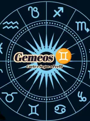 A circular design featuring an astrology wheel with zodiac symbols around the perimeter. In the center, text reads 'Gemeos' in an elegant font, with a Gemini symbol in an orange circle next to it. Below this is another text in a smaller font, 'Curte e Segue o Perfil.' The background is dark blue with stars in a gradient, and the details are highlighted with a white dotted line.