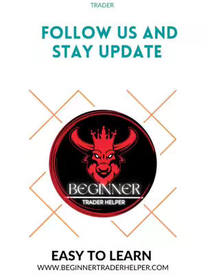 The cover image is a vertically oriented design featuring a white background. At the top, the word 'TRADER' is written in a small, dark font. Below, there is a teal text 'FOLLOW US AND STAY UPDATE'. A logo comprised of a red bull with a crown is in a black circle, and below this is the text 'BEGINNER TRADER HELPER' in white font. The geometric design includes orange lines and the website address. Easy to Learn is written at the bottom, which leads to the website domain www.beginnertraderhelper.com.
