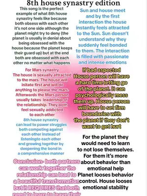 The cover image is a vertical infographic-style design with a cream background and text in black, pink, and blue fonts. Text is divided into sections with titles like '8th house synastry edition', 'For Mars synastry', and 'Conclusion'. The layout presents information in a list-like format, with several lines of text under each heading. The right side provides further details about interactions between the sun and the house with some additional information in pink and blue text. The overall composition uses a simple, direct layout for readability.