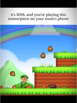 The cover image shows a colorful, cartoon-style game screen. The background is a bright blue sky with a rainbow. In the foreground, there is green land with platforms, the whole scene evokes a sense of nostalgia and childhood games.