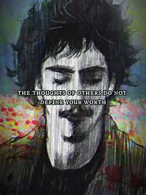 The image is a portrait of a man rendered in a stylized, sketch-like manner. The man's face is the central focus, with closed eyes and a mustache and a bit of beard. The background has a blurred, textured appearance with some color variations. Overlaid on the image is text in a simple, sans-serif font.