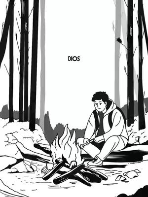 A black and white illustration depicts a man sitting by a campfire in a forest. The man is wearing a jacket and backpack. Trees frame the central scene, and the word 'DIOS' is above the man.