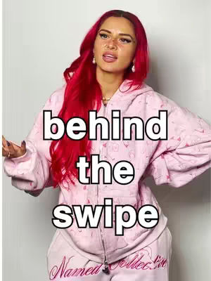 A young woman with bright red hair and a pink hoodie poses against a light background. The hoodie has a heart pattern and the text 'Named Collection' is visible on her matching sweatpants. Bold white text overlays the image, creating a hook.