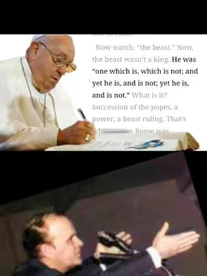 The image is a split screen. The top half shows Pope Francis, in a white cassock, writing at a desk with a pen in his right hand. To the left of the Pope and the desk is overlaid text. The bottom half depicts a man with dark hair, wearing a dark suit, gesturing with his hands in apparent mid-speech, possibly from a presentation of a speech recorded in a low angle shot.