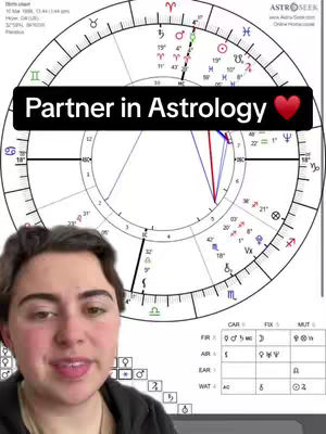 The cover image features a young woman speaking, with a detailed astrological chart in the background. A banner with text is placed over the chart.