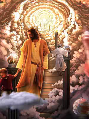 An artistic illustration depicting a celestial scene with Jesus in the center. He wears a tan robe and has long brown hair, a beard and a concerned face. He is surrounded by a bright light emanating from above. Below the clouds a child is holding onto his left hand while another figure ascends stairs on the right.