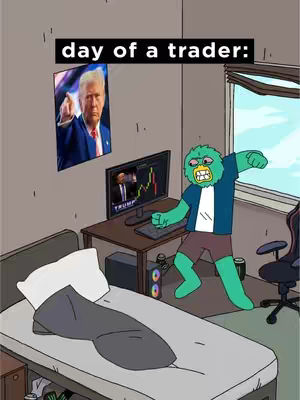 Animated illustration of a green monster-like figure in a room with a bed, desk, and a window. The monster is animated, appearing to be celebrating or agitated. A computer screen displays a graph, and the wall has a poster of Donald Trump pointing. The top of the image has the text 'day of a trader:'. Colors are vibrant, with a cartoonish style.