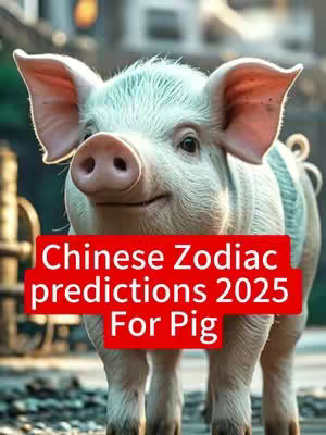 The image is a close-up of a pig's face. The pig has a light-colored coat, pink ears, and a pink snout, and it is facing the viewer. A red rectangular text overlay stating 'Chinese Zodiac predictions 2025 For Pig' covers the lower part of the image.