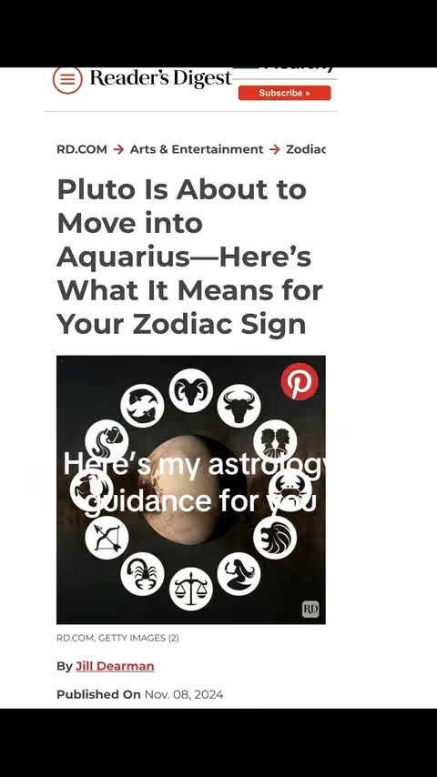 The cover image is a screen capture of a Reader's Digest article. The headline reads, 'Pluto Is About to Move into Aquarius—Here's What It Means for Your Zodiac Sign.' Below the headline is a graphic showing the stylized symbols of the zodiac signs orbiting around what appears to be a planet. Text overlay says 'Here's my astrology guidance for you'. The image is in a vertical orientation.
