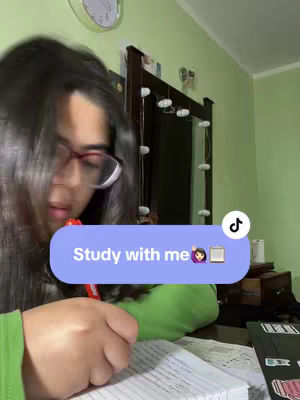 A selfie-style shot features a person with long, dark hair wearing glasses, holding a pen over a paper, with a blurred background including a clock and a mirror. A text overlay in a rounded rectangle at the bottom with the text 'Study with me' completes this image.