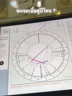 The cover image shows a screen displaying a birth chart with astrological symbols and lines. Overlayed in the top center is Thai text, possibly a question. The overall composition is centered, with a focus on the birth chart graphic.