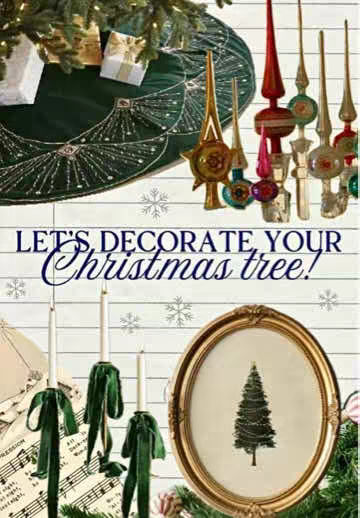 The image is a festive composition centered around Christmas decorations, with a light-colored wooden plank backdrop. The top of the image showcases a decorated Christmas tree, with a green tree skirt, ornaments, and what appear to be wrapped gifts. Below, the text "LET'S DECORATE YOUR Christmas tree!" is displayed in a whimsical font.  At the bottom, there are musical notes, candles, and an ornate-framed picture of a simple Christmas tree illustration. The color palette consists of greens, golds, whites, and hints of other festive colors.