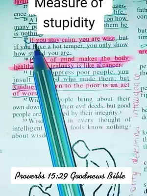 The image shows an open book with text highlighted by a blue pen. In the center text reads "Measure of stupidity" in a white box shape. The pen is angled across the page, and is pointing directly at text that is annotated by a highlighter in the image. The title of the text is "Proverbs 129 Goodnews Bible".