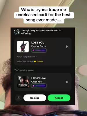 The cover image shows a person's face with a screen showing a trade request. The request is for an unreleased Playboi Carti song. The person is looking at the screen with some text overlays. The layout is bright and the colors are generally modern.