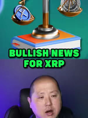 The cover image is divided into two sections. The top half displays an animated graphic featuring a balanced scale above a book. On one side of the scale is an XRP coin, and on the other, a generic crypto coin. The hook "BULLISH NEWS FOR XRP" is prominently displayed. The lower half features the creator, a man with short, dark hair and wearing a black top, set against a blurred purple background, making a surprised face.