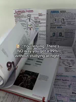 The image shows an open book and several pages of notes. The left side of the image has an opened book with detailed illustrations and the text, on top of it, the text overlay saying, You're lying. There's NO way you got a 99% without studying all night. In the background are additional notes and diagrams.