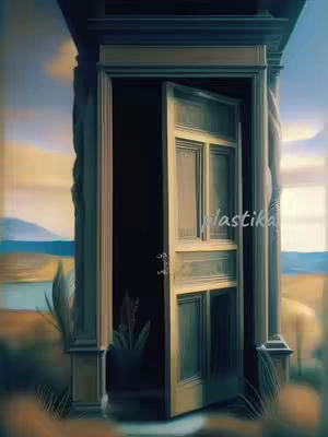 An artistic rendering of a doorway slightly ajar, set in a classical architectural style. The door is the focal point, with a view of a serene landscape visible through the opening, a sky with soft colors dominating the background.