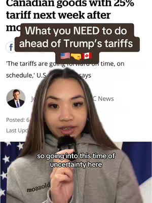 A young woman with long brown hair is positioned in front of a news article with her upper body in the frame. She is holding a black microphone and speaking towards the camera. Above her, a headline reads, 'What you NEED to do ahead of Trump's tariffs'. Below her, a phrase appears, 'so going into this time of uncertainty here'.