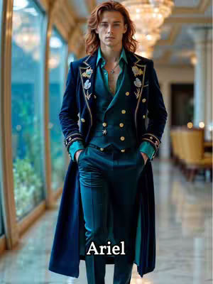 A man with red hair stands in a well-lit hallway. He wears a stylish teal suit under a navy blue overcoat. The image has a dramatic, possibly AI-generated, aesthetic.