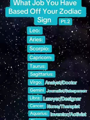 The image is a vertical graphic with a starry background. The image is divided into two primary sections. The top section features the text: "What Job You Have Based Off Your Zodiac Sign Pt. 2." The bottom section lists zodiac signs with corresponding job titles. The text is in a sans-serif font, with each zodiac sign and corresponding job separated by a vertical line. The overall color scheme is blue and white, with teal-colored boxes. The background features a dark blue backdrop with white dots simulating stars.