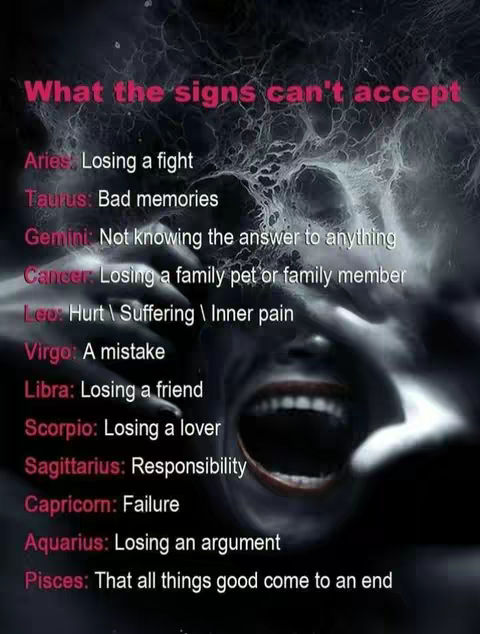 The image features a dark, textured background that resembles a swirling nebula or smoke. Overlaid on this is a list of zodiac signs with text describing what each sign cannot accept. A distorted, screaming face is visible, partially obscured by a hand, adding an element of distress to the image.
