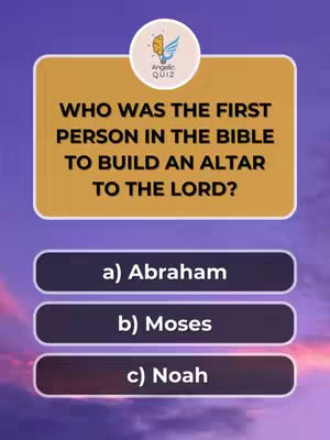The image is designed as a quiz question with a gradient purple and pink background. An oblong golden container holds the main text: a quiz question regarding the Bible, framed by a white border, the title is 'Angelic Quiz' above the question. Below, three dark rectangle buttons, each offering a multiple-choice answer.