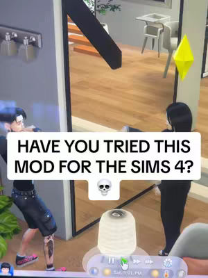 The image shows a scene from the Sims 4 game on a screen, with overlaid text in a white box. The scene features two Sims in a modern home environment. The image is overlaid with a text box containing a question and a skull emoji in the center. The background shows parts of a home interior with a staircase, furniture, and a lamp.