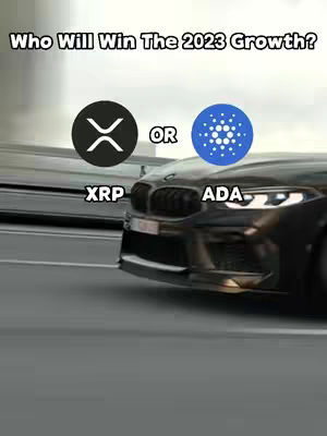 The image shows two cars racing, each representing different cryptocurrencies (XRP and ADA), with the text overlay asking 'Who Will Win The 2023 Growth?' The background looks blurred suggesting speed and competition.