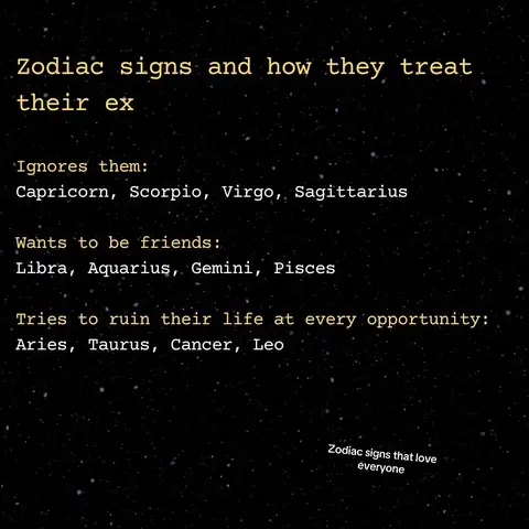 A dark background with small white dots is filled with text describing how different zodiac signs treat their exes. The text is in yellow and white.