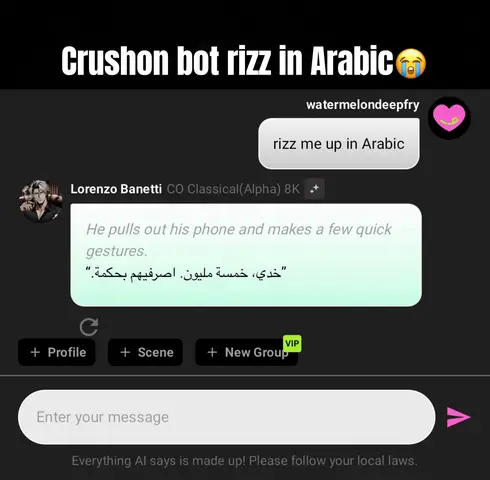 The cover image shows a simulated chat conversation on a dark background. At the top, it has a title that says 'Crushon bot rizz in Arabic' with an emoji and the text is located below an avatar, chat boxes, and the input box. A text bubble reads 'rizz me up in Arabic' and another text bubble is visible in Arabic. The interface looks like an AI chatbot.