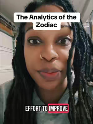 The cover image features a close-up of a woman with dreadlocks gazing directly at the viewer. Above her head is a white rectangular text box with 'The Analytics of the Zodiac' written in black text. Beneath her face, on a red background, are the words 'EFFORT TO IMPROVE' in bold, white text. The image has a warm, slightly desaturated skin tone.