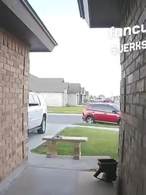 A side view captures a suburban scene with a house partially shown on the left, a sidewalk, and a view down a driveway towards a street. A white SUV and a red car are visible, parked in front of neighboring houses. The sky is bright, and the shot is framed between the wall of the house on the left and the corner of the house. A brick wall borders the house on the left.