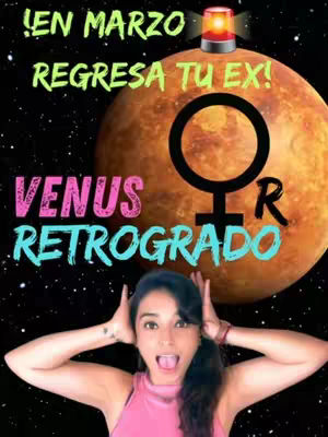 The cover image has a woman with her hands on her head and her mouth open in the lower half. A large, orange planet with a woman's symbol, the letter 'R', and the words 'Venus Retrogrado' form the backdrop. Above this, there's text, a police light icon, and a starry sky.