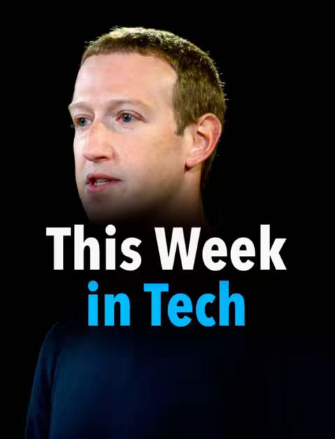 The cover image features Mark Zuckerberg’s head and upper body set against a black background. The image is cropped to show him from the mid-chest up, the text overlay 'This Week in Tech' is prominent.