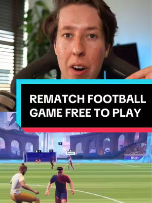 A man with light skin and short brown hair looks at the camera with an open mouth expression, positioned above the middle of a rectangular black and teal text box. The text box covers the center of the image and contains the text 'Rematch Football Game Free To Play' in white. Below, a vibrant digital environment shows a football field, with players in red, black, and yellow uniforms, set against architectural structures and clear skies.