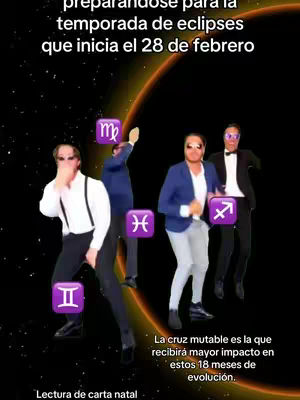 The image features four men in a row, all wearing sunglasses and dressed in various outfits. The background is dark with a blurred effect. Text overlays state the video's theme related to eclipses and natal chart analysis.