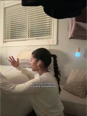 The cover image shows a young woman in a room with a window and blinds, seemingly in prayer. She has her hands raised, and text overlays convey her feelings of being scared and overwhelmed.