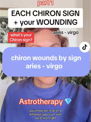 The cover image for the video features a selfie of a person with pinkish hair, mostly obscuring their face behind text overlays and shapes. The person is wearing a blue sweatshirt. Text overlays include "part 1", "EACH CHIRON SIGN + your WOUNDING," "aries - virgo," "what's your Chiron sign?" and a light purple rectangle with the text "chiron wounds by sign aries - virgo". At the bottom is a light blue rectangle with the word "Astrotherapy" and a diamond and the comment 'you know we're all on a different spectrum with our Chiron right."